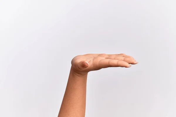 用扁平手掌展示产品的高加索年轻女子的手 供献姿势 空白复制空间 — 图库照片