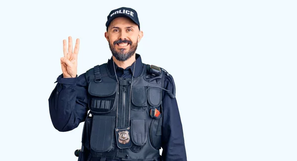 Young Handsome Man Wearing Police Uniform Showing Pointing Fingers Number — Stock Photo, Image