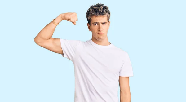 Young Handsome Man Wearing Casual White Tshirt Strong Person Showing — Stock Photo, Image