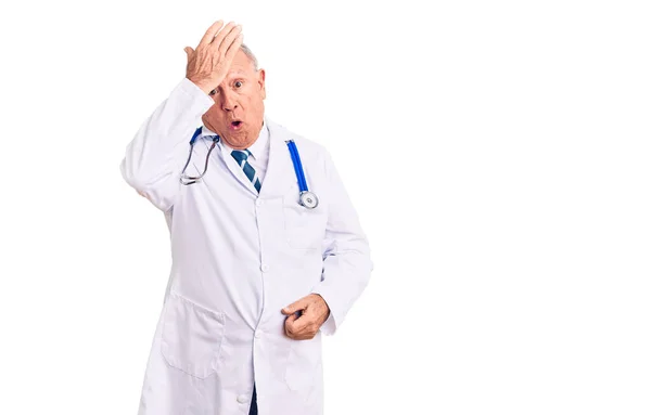 Senior Handsome Grey Haired Man Wearing Doctor Coat Stethoscope Surprised — Stock Photo, Image