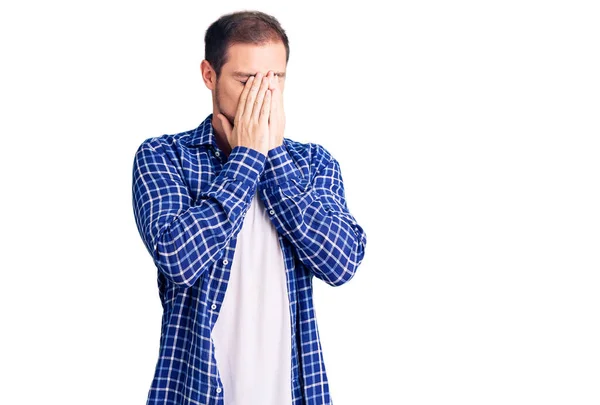 Young Handsome Caucasian Man Wearing Casual Clothes Sad Expression Covering — Stock Photo, Image