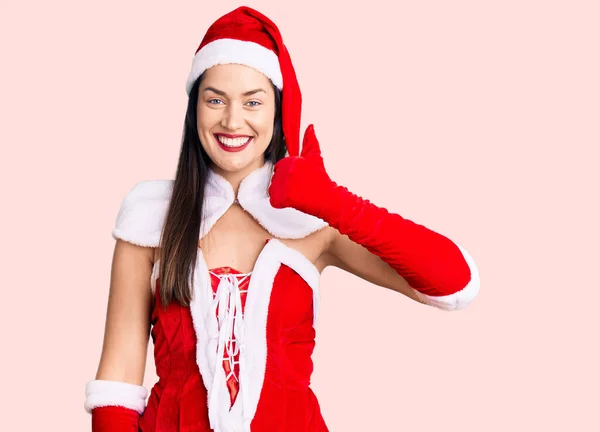 Jonge Mooie Blanke Vrouw Draagt Kerstman Kostuum Doet Vrolijke Duimen — Stockfoto