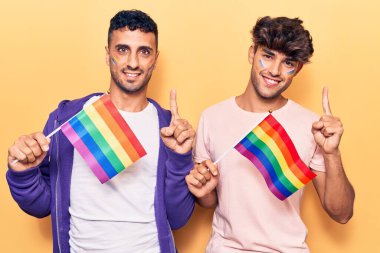 Genç eşcinsel çift ellerinde gökkuşağı lgbtq bayrakları bir fikir veya soru işareti ile gülümsüyor mutlu bir yüzle, bir numara 