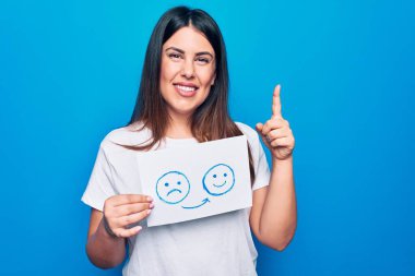 Bir kadın psikoloji değişikliği istiyor. Elinde mutlu ve mutsuz bir duygu mesajı olan bir kağıt tutuyor. Bir fikir ya da soru işareti ile gülümsüyor.