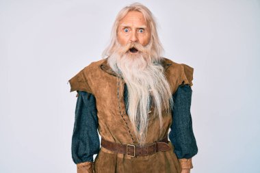 Gri saçlı, uzun sakallı, Viking kostümlü yaşlı bir adam. Şok suratlı, kuşkucu ve alaycı görünüyor. 