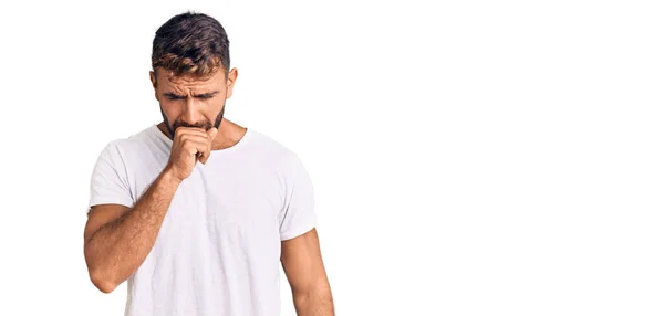 Young Hispanic Man Wearing Casual White Tshirt Feeling Unwell Coughing — Stock Photo, Image