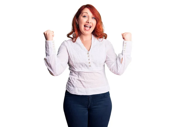 Young Beautiful Redhead Woman Wearing Casual Shirt Screaming Proud Celebrating — Stock Photo, Image