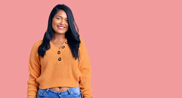 Hispanic Woman Long Hair Wearing Casual Winter Sweater Happy Cool — Stock Photo, Image