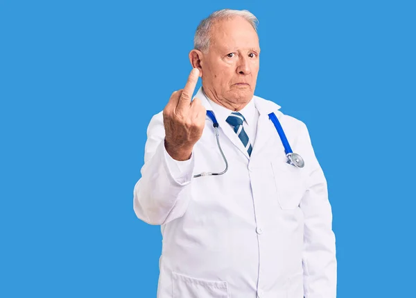 Senior Handsome Grey Haired Man Wearing Doctor Coat Stethoscope Showing — Φωτογραφία Αρχείου