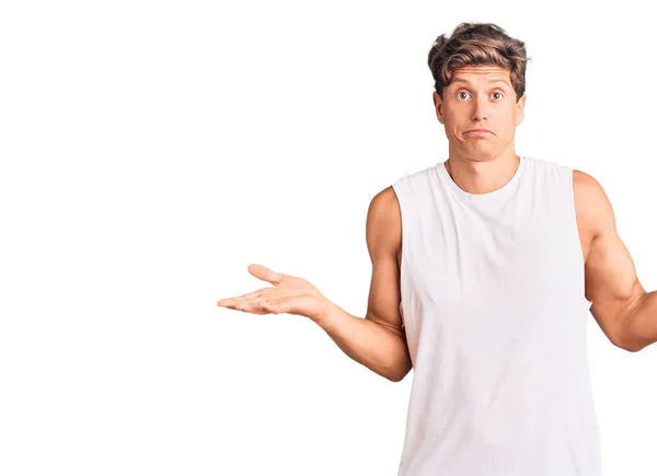Young Handsome Man Wearing Sleveeless Shirt Clueless Confused Expression Arms — Stock Photo, Image