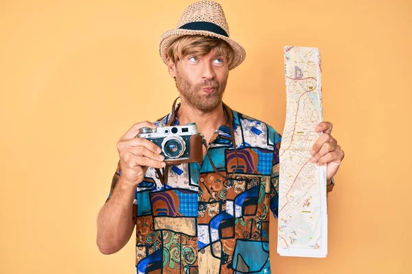 Young Blond Man Holding Vintage Camera City Map Smiling Looking — Stock Photo, Image