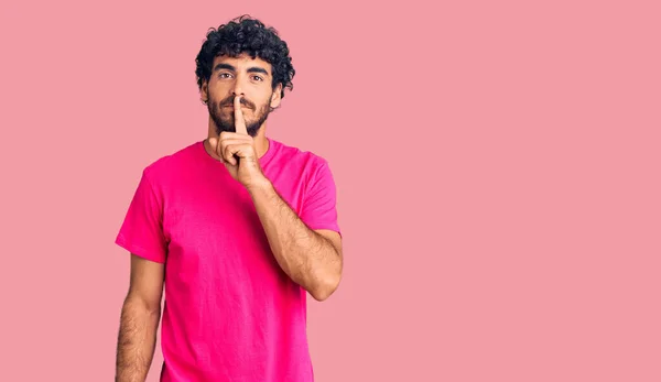 Handsome Young Man Curly Hair Bear Wearing Casual Pink Tshirt — Stock Photo, Image