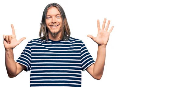 Handsome Caucasian Man Long Hair Wearing Casual Striped Shirt Showing — Stock Photo, Image