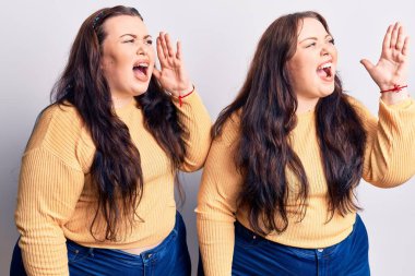 Genç ve cüsseli ikizler gündelik kıyafetler giyip el ele tutuşarak bağırıp çığlık atıyorlar. iletişim konsepti. 