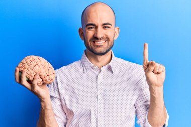 Genç yakışıklı kel adam elinde bir fikirle gülümsüyor ya da bir soru işareti yapıyor mutlu bir yüzle, bir numara 