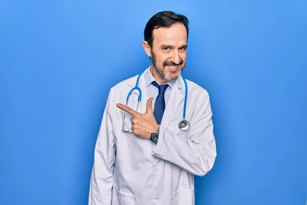 Middle Age Handsome Doctor Man Wearing Coat Stethoscope Isolated Blue — Stock Photo, Image
