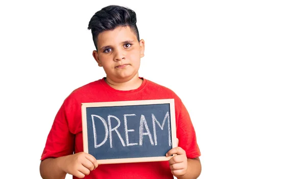 Little Boy Kid Holding Blackboard Dream Word Thinking Attitude Sober — Stock Photo, Image