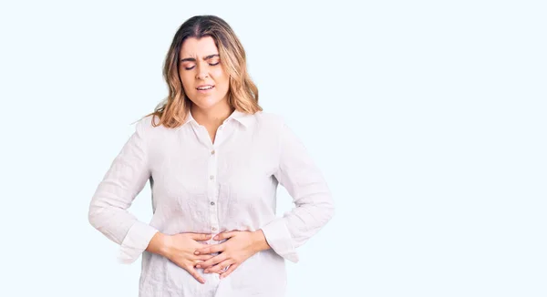 Young Caucasian Woman Wearing Casual Clothes Hand Stomach Because Indigestion — Stock Photo, Image