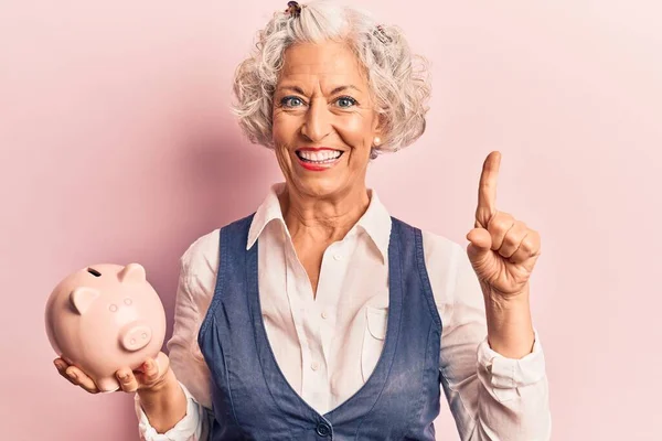 Senior Mujer Pelo Gris Sosteniendo Alcancía Sonriendo Con Una Idea — Foto de Stock