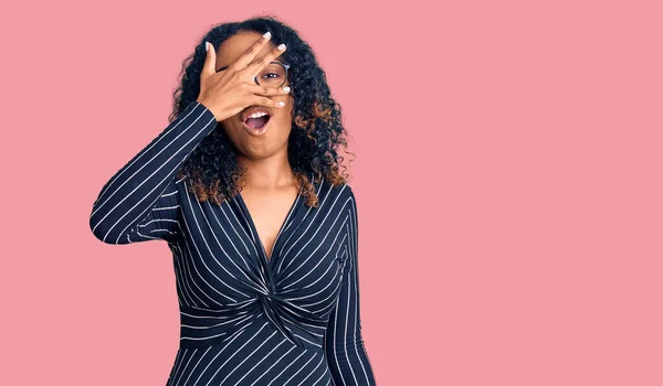 Young African American Woman Wearing Casual Clothes Glasses Peeking Shock — Stock Photo, Image