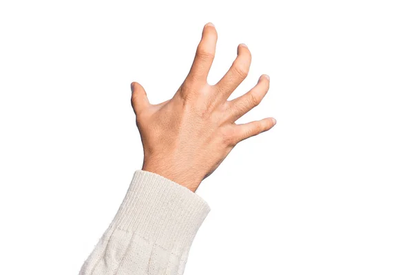 Ręka Kaukaski Młody Człowiek Pokazujący Palce Odizolowanym Białym Tle Chwytając — Zdjęcie stockowe
