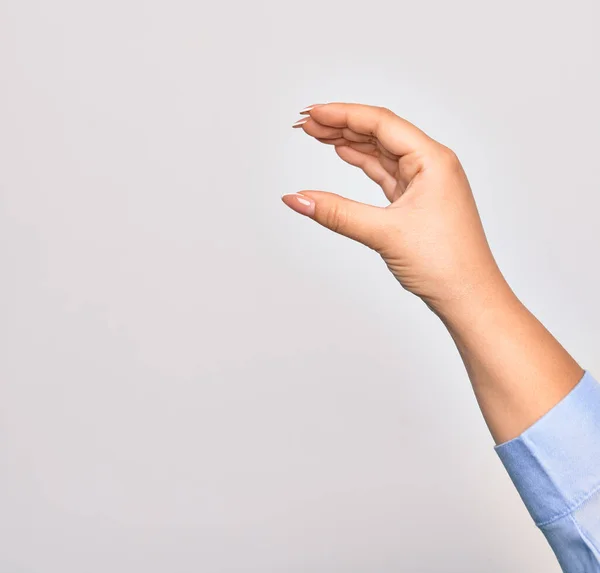 Mano Mujer Joven Caucásica Haciendo Señal Captura Sobre Fondo Blanco —  Fotos de Stock