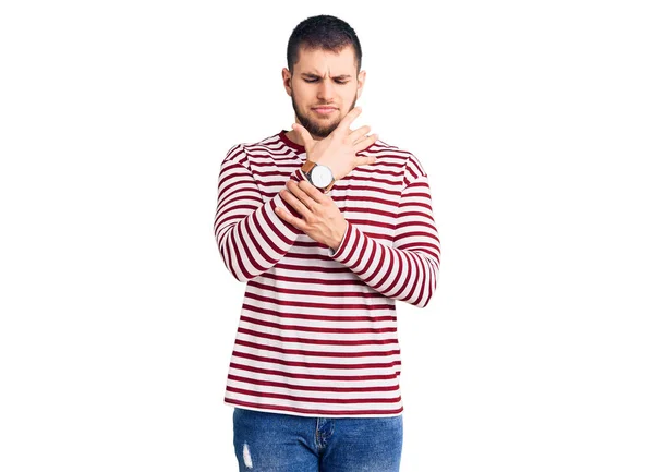 Young Handsome Man Wearing Striped Sweater Suffering Pain Hands Fingers — Stock Photo, Image