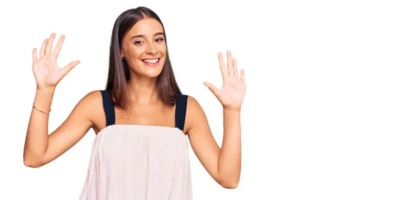 Young Hispanic Woman Wearing Casual Clothes Showing Pointing Fingers Number — Stock Photo, Image