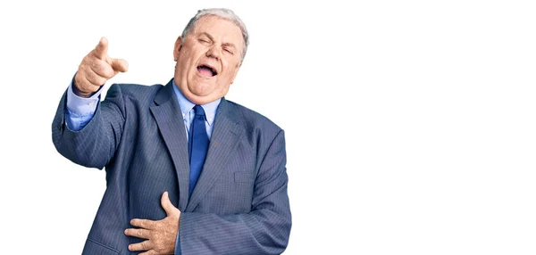 Senior Grey Haired Man Wearing Business Jacket Laughing You Pointing — Stock Photo, Image