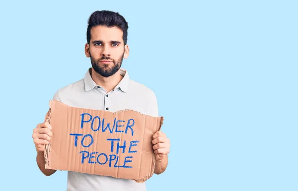 Young Handsome Man Beard Holding Power People Cardboard Banner Thinking — Stock Photo, Image