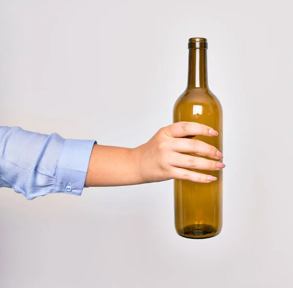 Hand Caucasian Young Woman Holding Empty Glass Botlle Wine Isolated — Stock Photo, Image