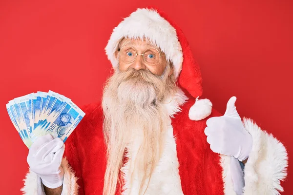 Old Senior Man Grey Hair Long Beard Wearing Santa Claus — Stock Photo, Image