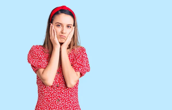 Young Beautiful Girl Wearing Dress Diadem Tired Hands Covering Face — Stock Photo, Image