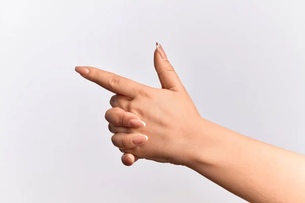 Mão Jovem Caucasiana Gesticulando Arma Fogo Com Dedos Juntos Visando — Fotografia de Stock