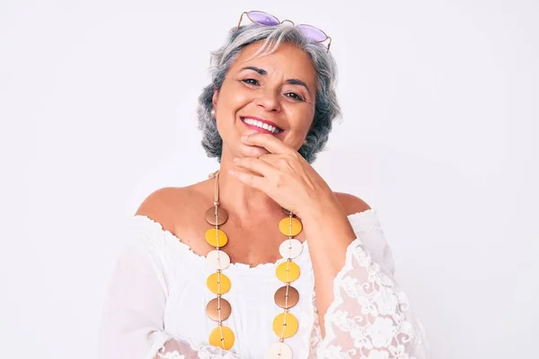 Senior Hispanic Grey Haired Woman Wearing Casual Hippie Clothes Smiling — Stock Photo, Image