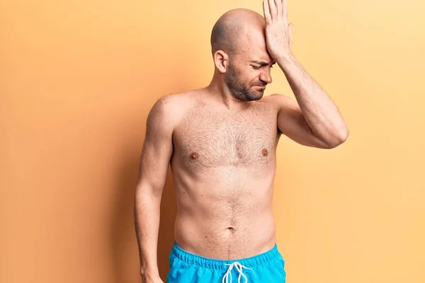 Young Handsome Bald Man Wearing Swimwear Shirtless Surprised Hand Head — Stock Photo, Image