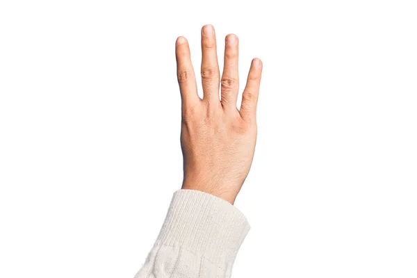 Hand Eines Kaukasischen Jungen Mannes Mit Fingern Über Isoliertem Weißem — Stockfoto