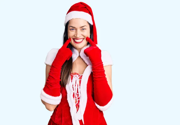 Jonge Mooie Blanke Vrouw Draagt Kerstman Kostuum Glimlachen Met Open — Stockfoto