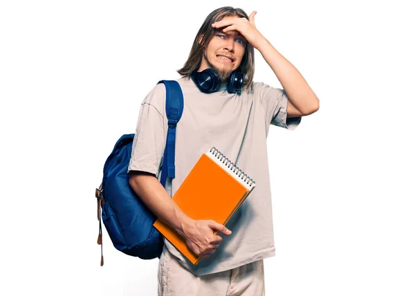 Handsome Caucasian Man Long Hair Wearing Student Backpack Holding Books — Stock Photo, Image