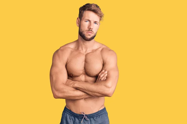 Young Caucasian Man Standing Shirtless Skeptic Nervous Disapproving Expression Face — Stock Photo, Image