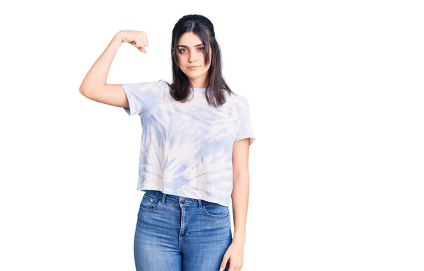 Young Beautiful Girl Wearing Casual Shirt Strong Person Showing Arm — Stock Photo, Image