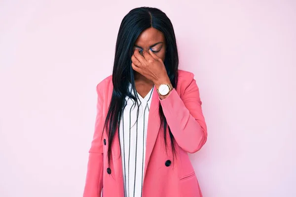 Young African American Woman Wearing Business Clothes Tired Rubbing Nose — Stock Photo, Image