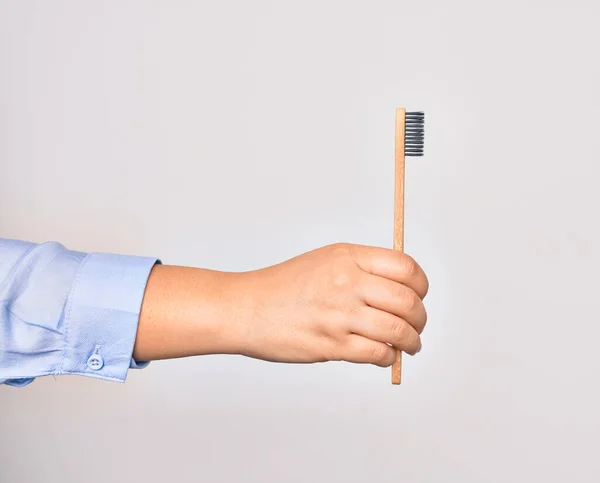 Hand Caucasian Young Woman Holding Toothbrush Isolated White Background — Stock Photo, Image