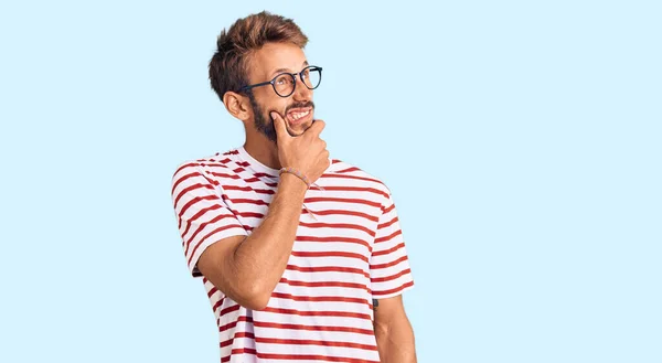 Handsome Blond Man Beard Wearing Casual Clothes Glasses Thinking Worried — Stock Photo, Image