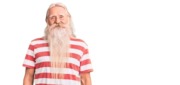 Old Senior Man Grey Hair Long Beard Wearing Striped Tshirt — Stock Photo, Image