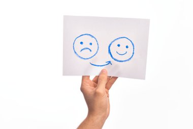 Üzgün ve mutlu yüzlü mukavva afiş, izole beyaz arka plan üzerinde depresyon sorunları