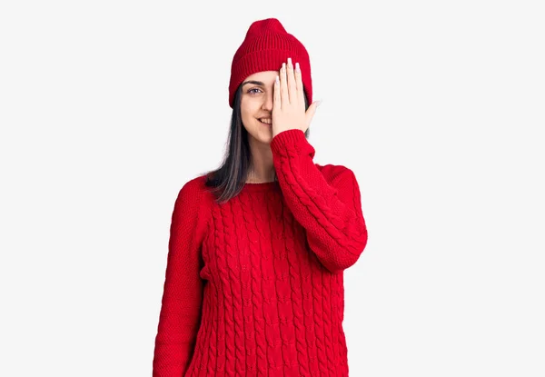 Young Beautiful Girl Wearing Sweater Wool Cap Covering One Eye — Stock Photo, Image