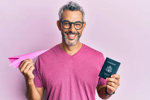 Middle Age Grey Haired Man Holding Paper Plane Passport Smiling — Stock Photo, Image