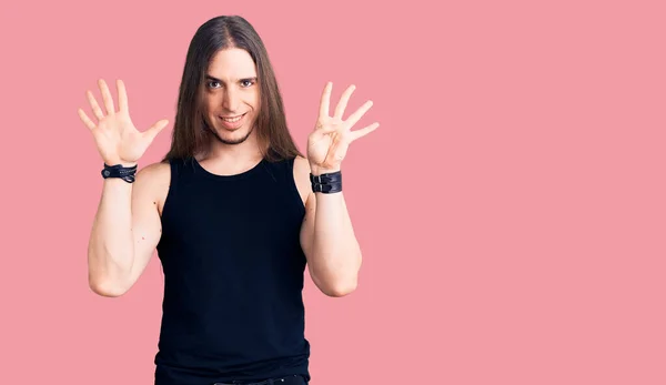 Young Adult Man Long Hair Wearing Goth Style Black Clothes — Stock Photo, Image