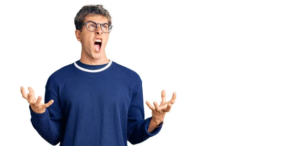 Young Handsome Man Wearing Casual Clothes Glasses Crazy Mad Shouting — Stock Photo, Image